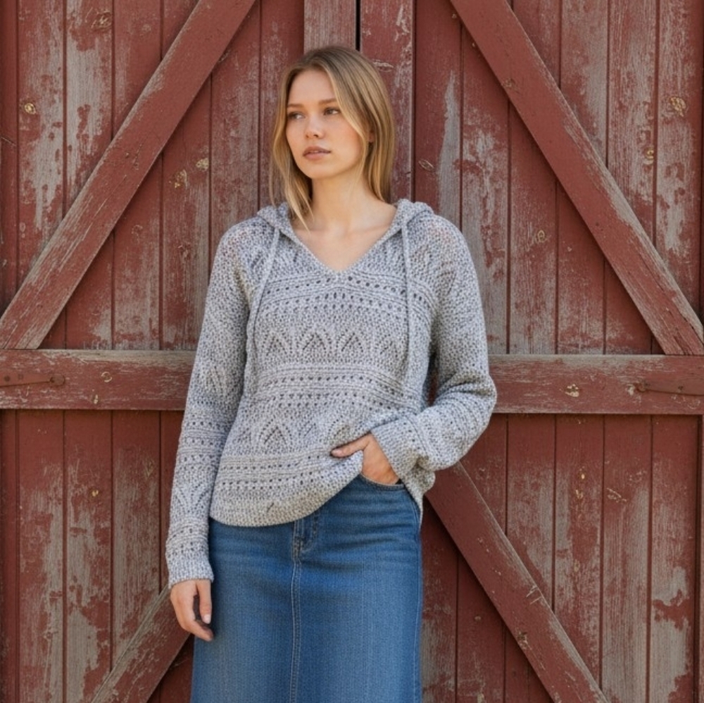 Buckle Cloud Chaser Gray Open-Knit V-Neck Sweater With Hood